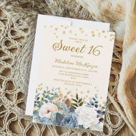 Dusty Blue White Floral Gold Glitzer Sweet 16 Einladung