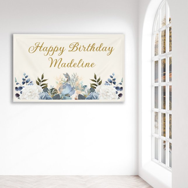 Dusty Blue White Floral Gold Happy Geburtsname Banner (Dusty blue and white watercolor floral custom birthday banner.)