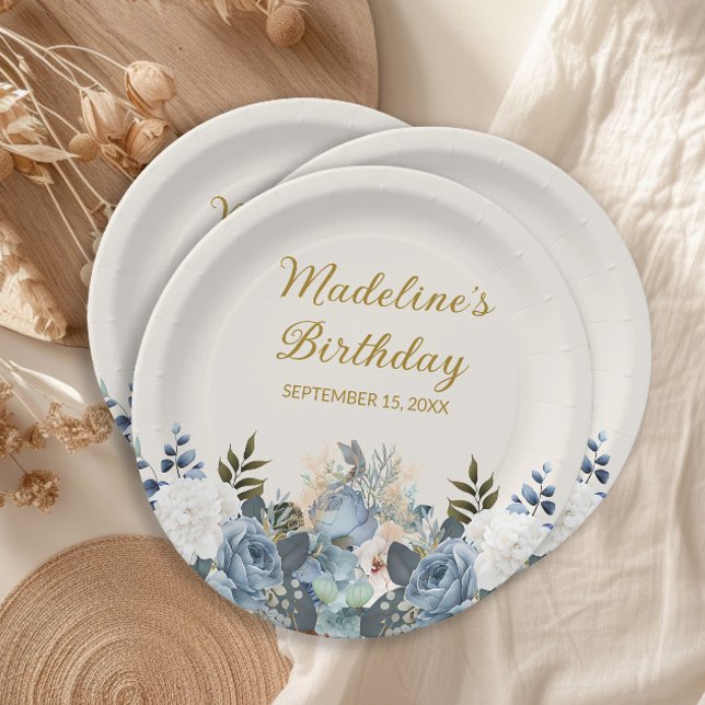 Dusty Blue White Floral Gold Happy Geburtsname Pappteller (Dusty blue watercolor floral women's birthday party paper plates)