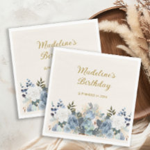 Dusty Blue White Floral Gold Happy Geburtsname