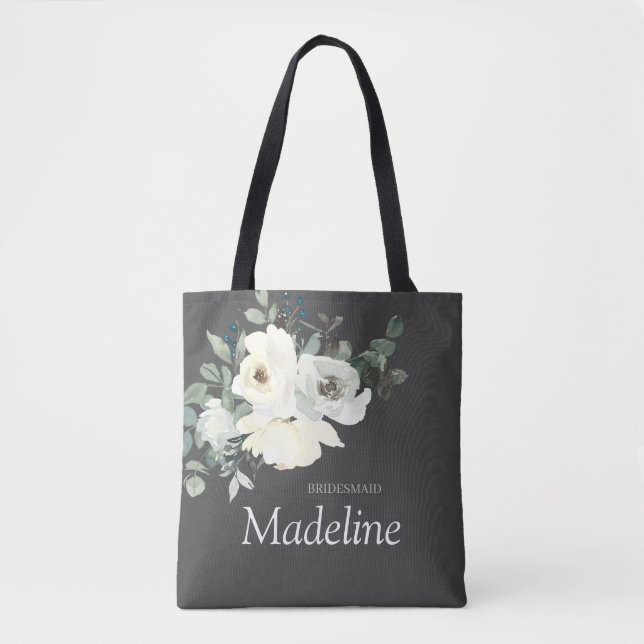 Dusty Blue & White Floral- Grau Tasche (Vorderseite)