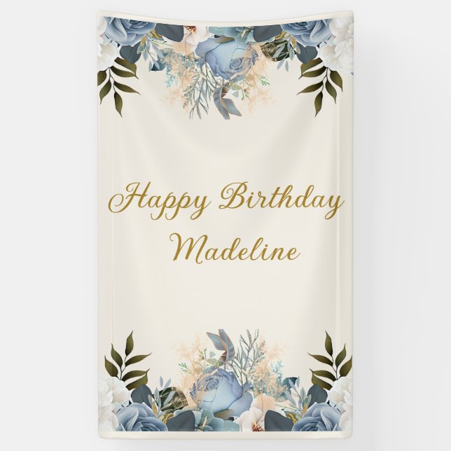 Dusty Blue White Floral Happy Birthday Vertikal Banner (Vertikal)