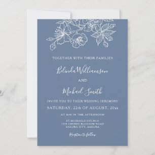Dusty Blue White Floral Line Art Hochzeit Einladung