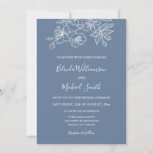 Dusty Blue White Floral Line Art   Hochzeit Einladung