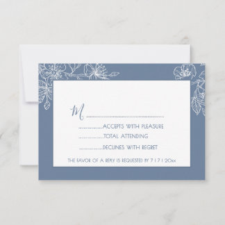  Dusty Blue White Floral Line Art RSVP