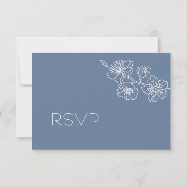  Dusty Blue White Floral Line Art RSVP Karte (Rückseite)