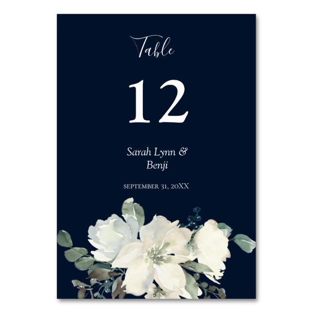 Dusty Blue & White Floral - Navy V2 Tischnummer (Vorderseite)