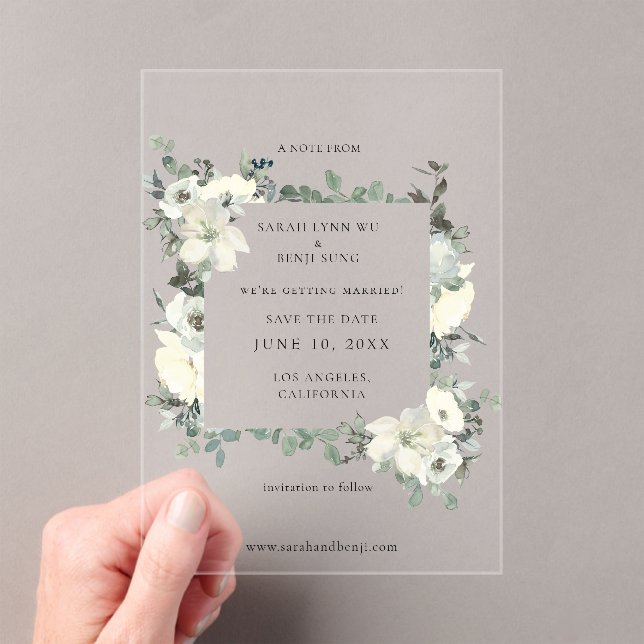 Dusty Blue & White Floral Save the Date Acryleinladungen (Insitu (Handheld))