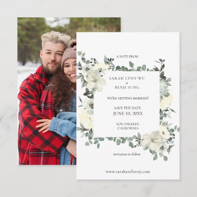 Dusty Blue & White Floral Save the Date w Foto (Vorne/Hinten)