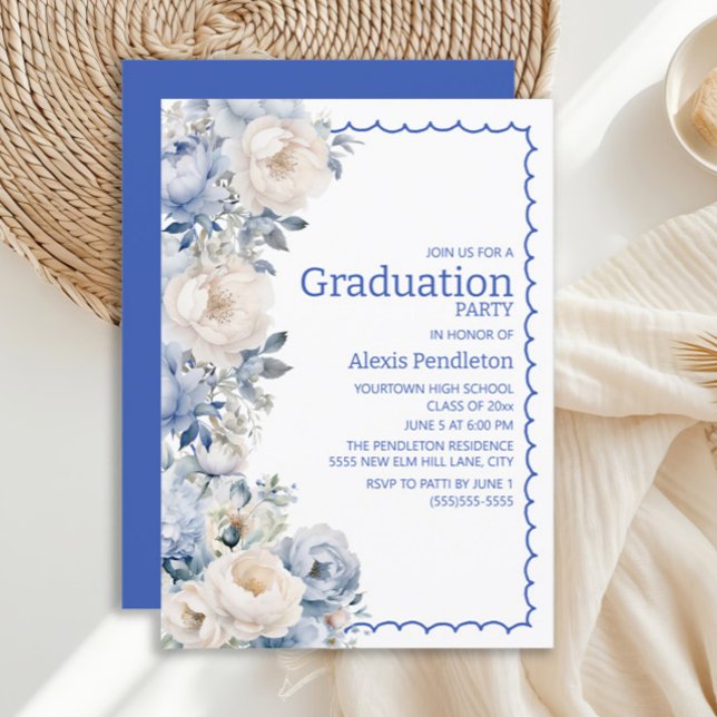 Dusty Blue White Floral Squiggle Frame Einladung (Dusty blue and white watercolor floral graduation party invitation)