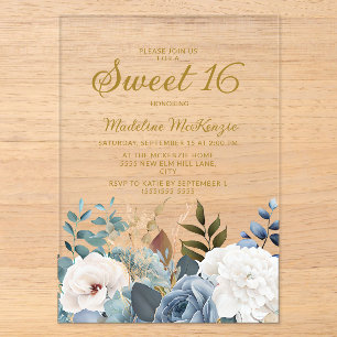 Dusty Blue White Floral Sweet 16 Acryleinladungen