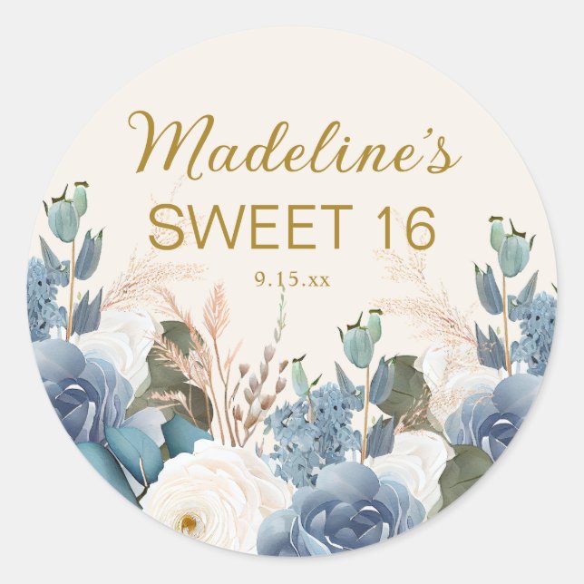 Dusty Blue White Floral Sweet 16 Geburtsname Runder Aufkleber (Vorderseite)