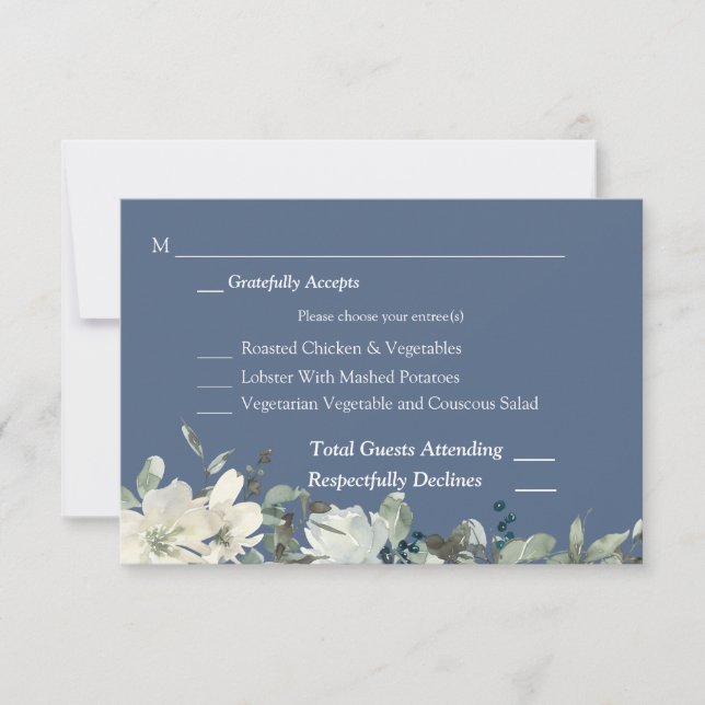 Dusty Blue & White Floral UAWG 3 Speisekarte - Bla RSVP Karte (Vorderseite)