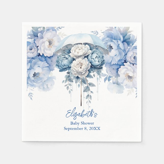Dusty Blue White Floral Umbrella Baby Dusche Serviette (Vorderseite)