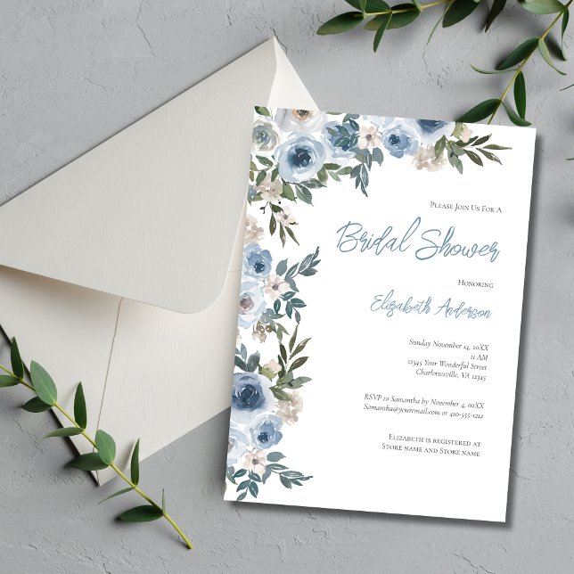 Dusty Blue White Floral Watercolor Brautparty Einladung (Dusty Blue Floral Greenery Watercolor Elegant Bridal Shower invitation)