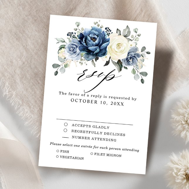 Dusty Blue White Floral Wedding Antwort Mahlzeit A (Dusty Blue White Floral Wedding Reply | Meal Choice RSVP Card)