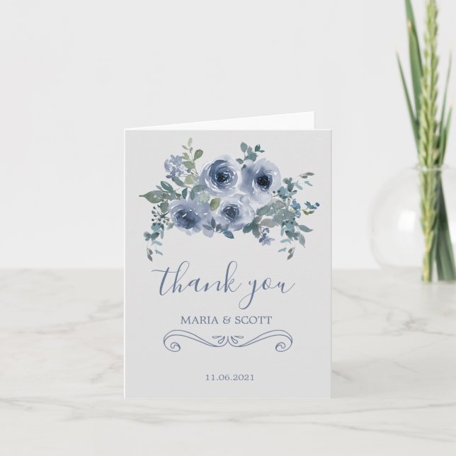 Dusty Blue White Floral Wedding Danke Card (Vorderseite)
