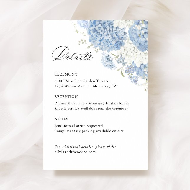 Dusty Blue White Floral Wedding Details, Info Begleitkarte (Dusty blue white floral wedding details card, ceremony info enclosure with watercolor hydrangea)