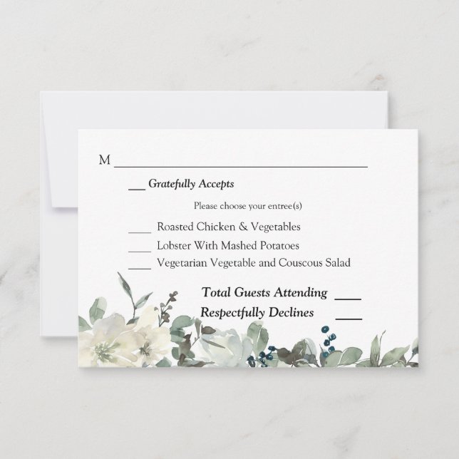 Dusty Blue & White Floral Wedding RSVP 3 Repas Car (Devant)