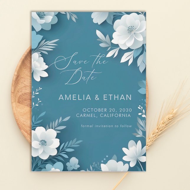 Dusty Blue White Floral Wedding Save Date Save The Date (Von Creator hochgeladen)