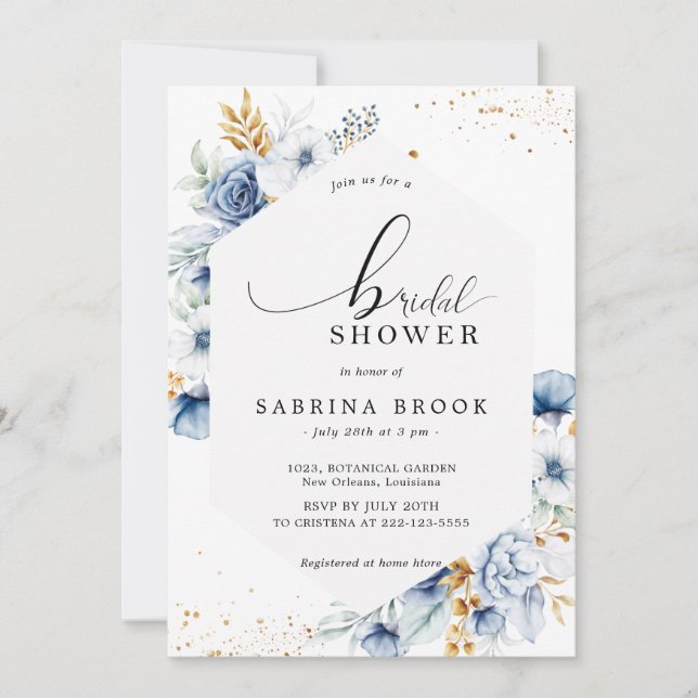 Dusty Blue White Gold Floral Brautparty Einladung (Vorderseite)