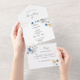 Dusty Blue White Gold Floral Wedding All In One Einladung