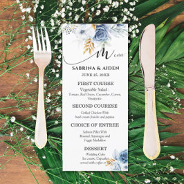 Dusty Blue White Gold Floral Wedding Menükarte