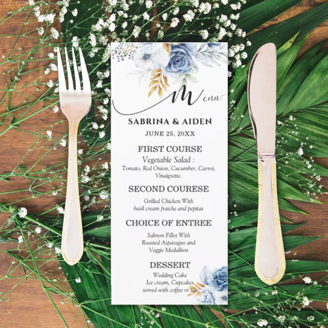 Dusty Blue White Gold Floral Wedding Menükarte (Von Creator hochgeladen)