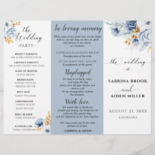 Dusty Blue White Gold Floral Wedding Programme