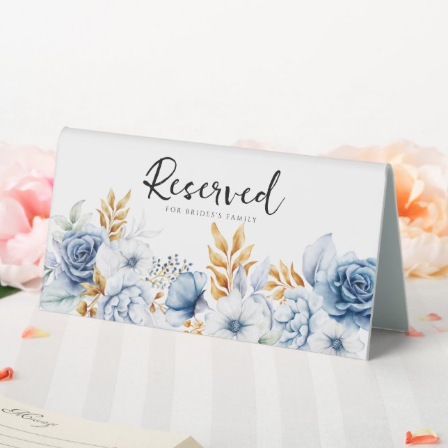 Dusty Blue White Gold Floral Wedding vorbehalten Tischaufsteller (In Situ (Hochzeit))