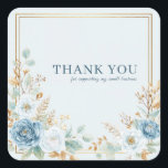 Dusty Blue White Gold Rose Watercolor Frame Art Quadratischer Aufkleber<br><div class="desc">Adorn your packages with this exquisite dusty blue white gold rose watercolor sticker, embodying grace and refined beauty. This elegant design features delicate blue roses and soft white ranunculus blooms, artfully arranged in opposing corners. Shimmering gold leaf accents and subtle green foliage enhance the luxurious feel, creating a harmonious blend...</div>