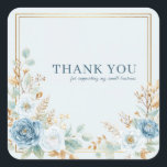 Dusty Blue White Gold Rose Watercolor Frame Art Quadratischer Aufkleber<br><div class="desc">Adorn your packages with this exquisite dusty blue white gold rose watercolor sticker, embodying grace and refined beauty. This elegant design features delicate blue roses and soft white ranunculus blooms, artfully arranged in opposing corners. Shimmering gold leaf accents and subtle green foliage enhance the luxurious feel, creating a harmonious blend...</div>