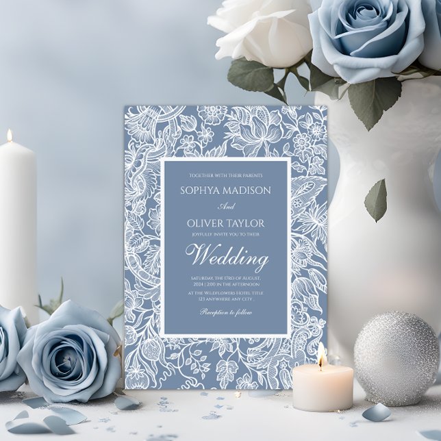 Dusty Blue White Line Art Floral Botanisch Einladung (Von Creator hochgeladen)