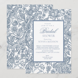 Dusty Blue & White Line Art Wildblumen Blumenstrau Einladung