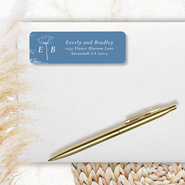Dusty Blue White Monogram Floral Accent Address (Von Creator hochgeladen)