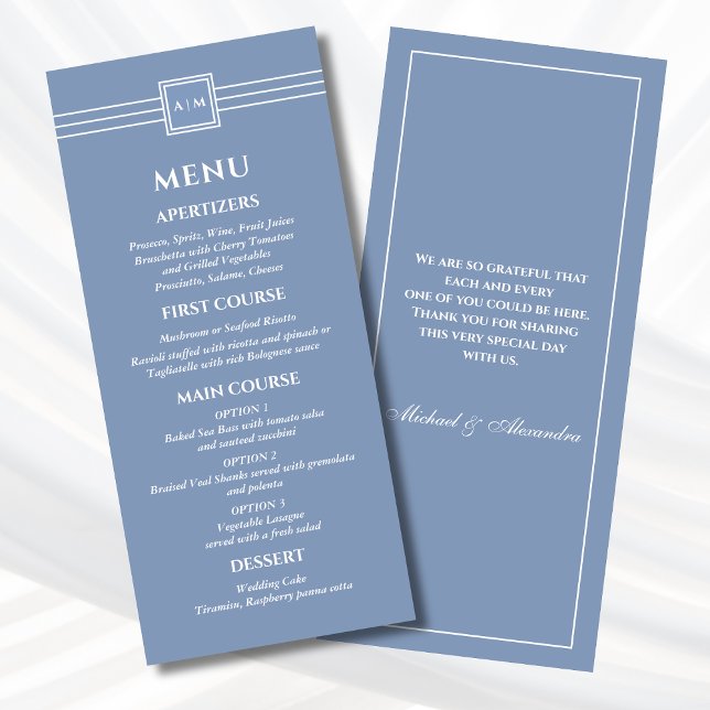 Dusty Blue White Monogram Menu Mariage moderne (Créateur téléchargé)