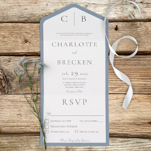 Dusty Blue & White Monogram Minimal Dinner All In One Einladung