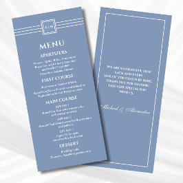 Dusty Blue White Monogram Modern Wedding Menu Menükarte