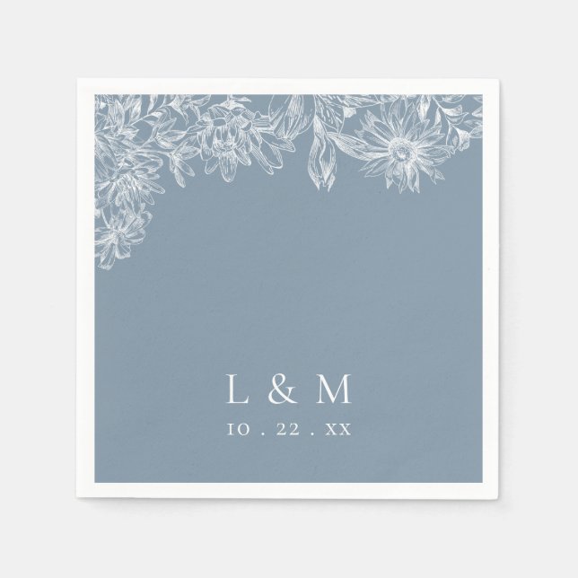 Dusty Blue White Monogram Wedding Napkins Serviette (Vorderseite)