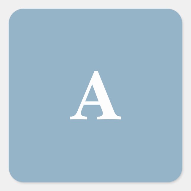 Dusty Blue White Monogramme Einfach, einfach, kund Quadratischer Aufkleber (Vorderseite)