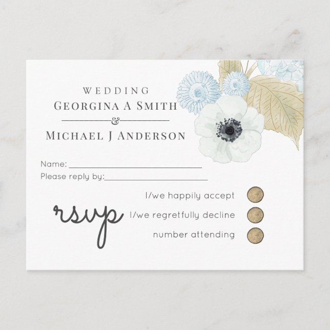 Dusty Blue White Navy Anemone BUDGET Hochzeit Einladungspostkarte (Vorderseite)