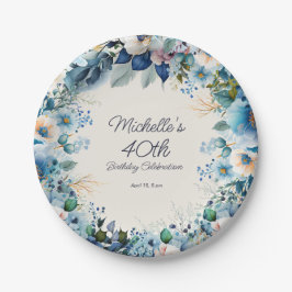 Dusty Blue White Navy Floral Women's 40. Geburtsta Pappteller