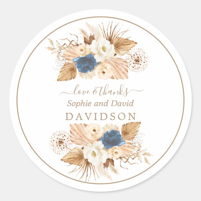 Dusty Blue White Peach Rose Hochzeit Runder Aufkleber (Vorderseite)