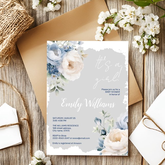 Dusty Blue & White Peonings Baby Dusche Einladung (Blue and white roses and peonies floral watercolor baby shower invitation )