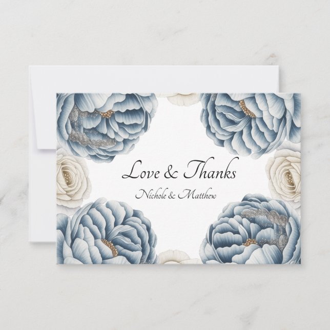 Dusty Blue & White Peony Wedding Dankeskarte (Vorderseite)