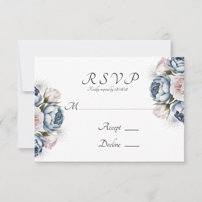 Dusty Blue & White Peony Wedding RSVP Karte (Vorderseite)