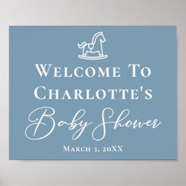 Dusty Blue White Rocking Horse Baby Dusche Poster