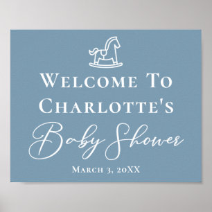 Dusty Blue White Rocking Horse Baby Dusche Poster