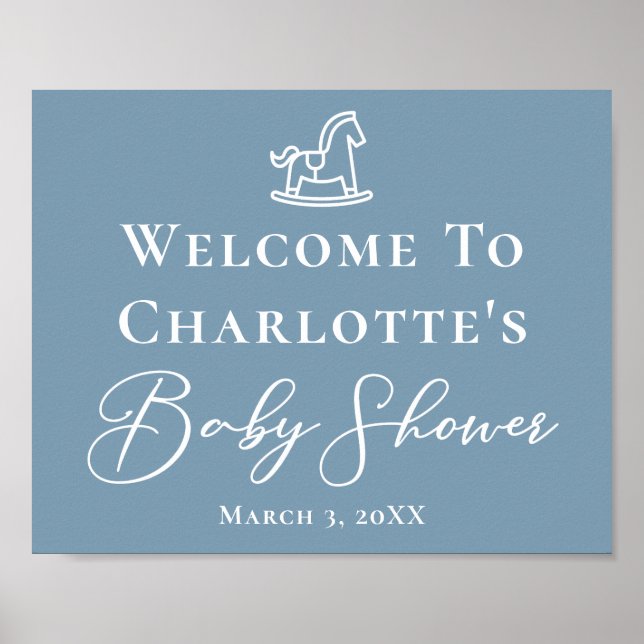 Dusty Blue White Rocking Horse Baby Dusche Poster (Vorne)