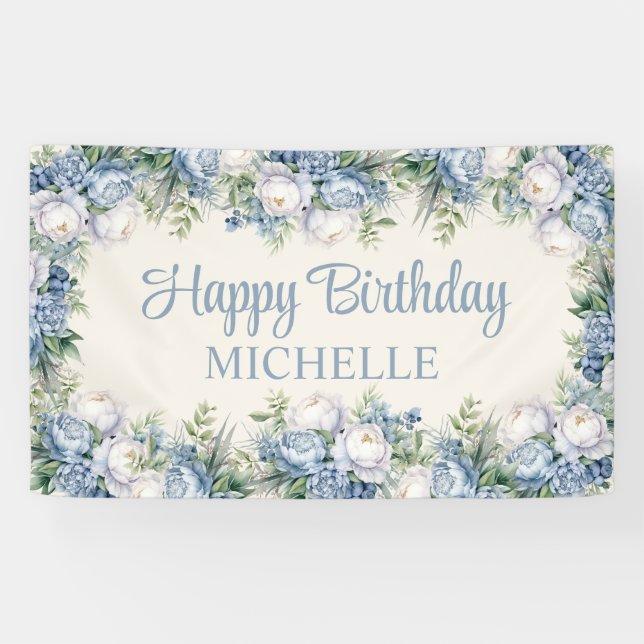 Dusty Blue White Roses Happy Birthday Script Banner (Horizontal)